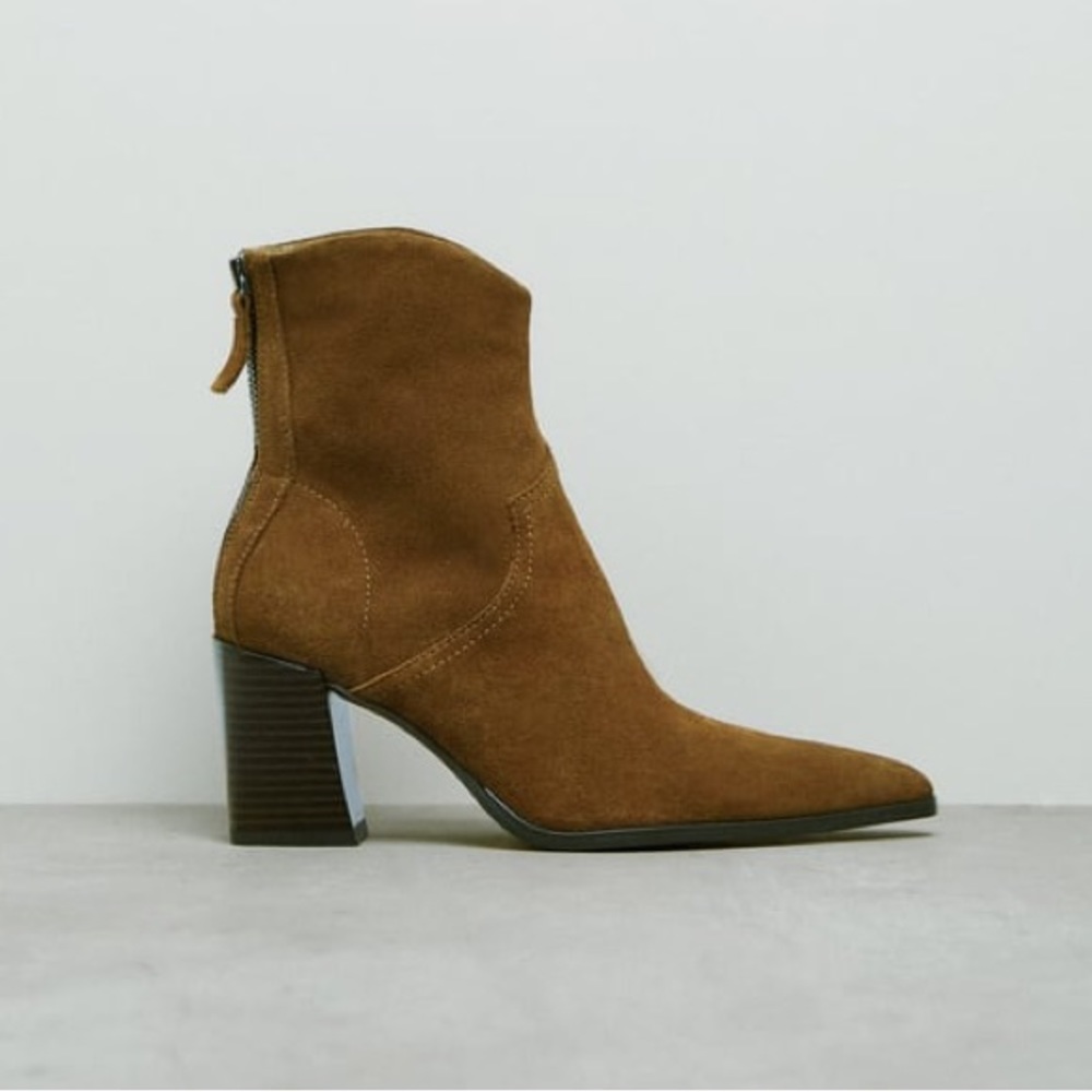 Zara Cowboy Split Leather Heeled Ankle Boots